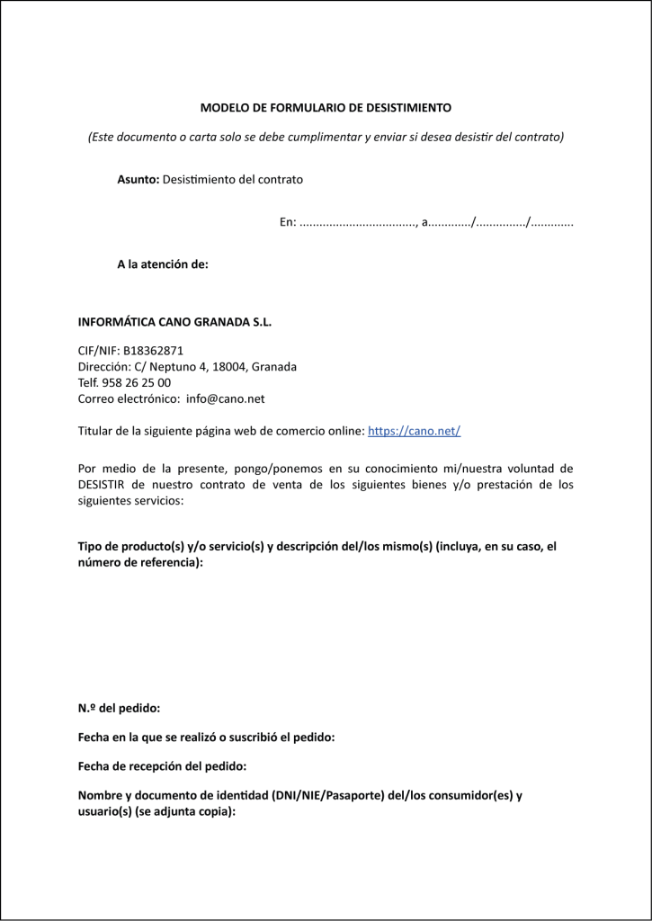 Formulario Desistimiento CANO.NET